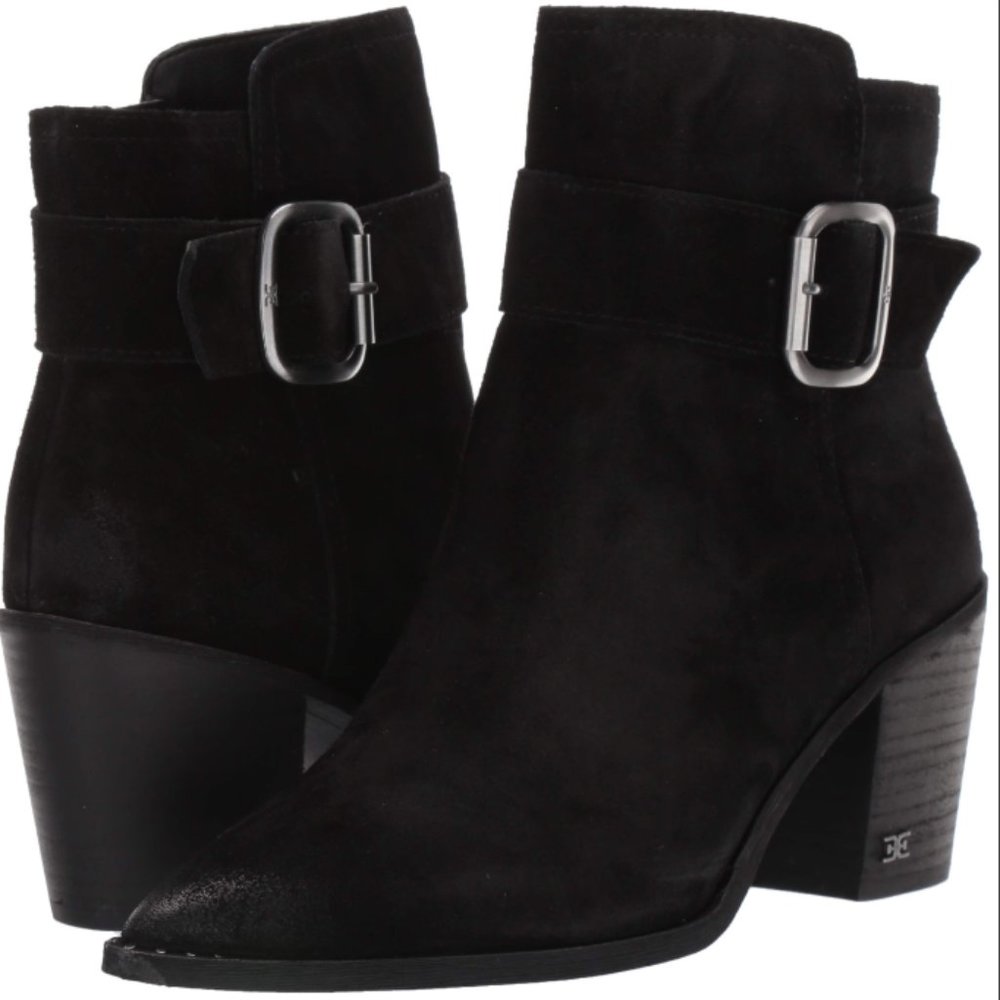 NWT! New In Box! Sam Edelman Leonia Black Pointed Suede Heeled Boot Bootie